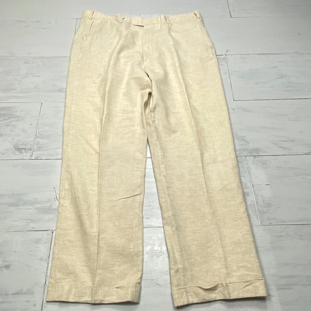 Dapper Classics Linen Trousers Mens 38 Beige Flat Front Cuffed Made in USA Pants